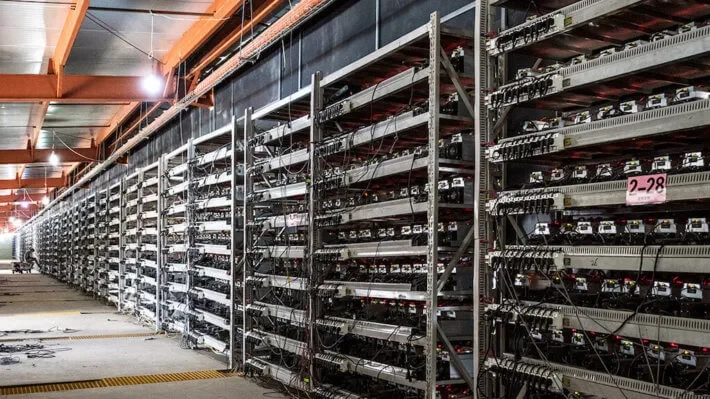 Rows of ASIC miners racked and running in the EU warehouse